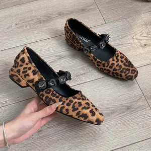 Dames Vintage Suède Mary Jane Schoenen Luipaardprint Strass Hartsluiting Vierkante Neus Platte Casual Instappers