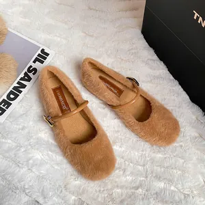 Bruine pluche Mary Jane ballerina's met bandje, comfortabele platte winterschoenen