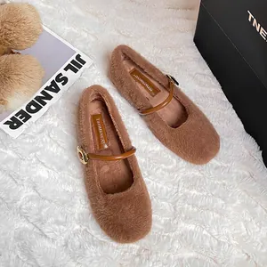 Pluche bruine Mary Jane ballerina's met imitatiebont en verstelbare gespsluiting