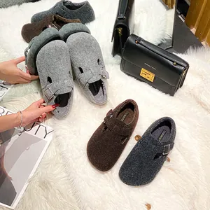 Women Warm Felt Clogs With Metal Buckle Round Toe Inner Heightening Slip-on Mules Winter Indoor Outdoor Casual Shoes