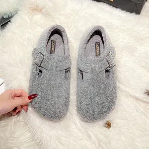 Gray wool felt Boston style clogs with warm plush lining and adjustable buckle strap