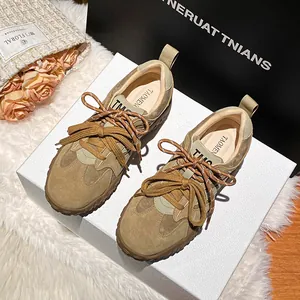Women's leather platform sneakers in khaki suede with woven laces on gift box