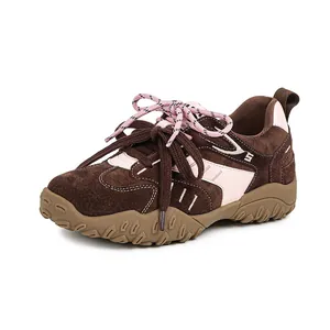 Women's platform sneakers in coffee and pink suede with double-layer lacing design