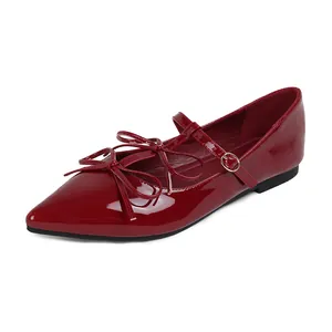 Elegant pointed-toe wine red patent leather Mary Jane flats with double bow detail
