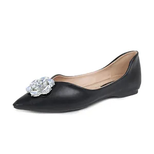 Elegant pointed-toe flat shoes for women with sparkling crystal flower decoration
