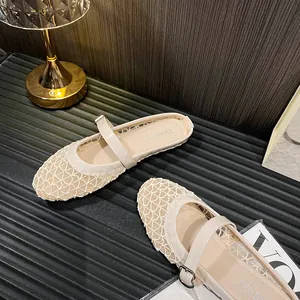 Beige breathable mesh Mary Jane flat shoes with adjustable straps for summer comfort