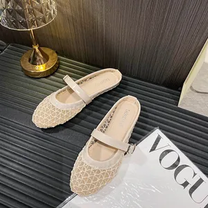 Breathable beige mesh Mary Jane flat shoes with adjustable buckle on striped surface