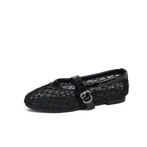 Zwarte mesh Mary Jane ballerina's met laklederen bies en verstelbare gespband