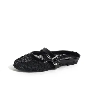 Black breathable mesh Mary Jane mule flats with adjustable strap for women