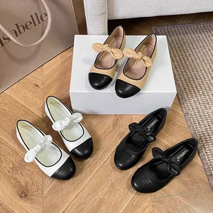 Chic round toe ballet flats with bow detail in beige, white and black colors