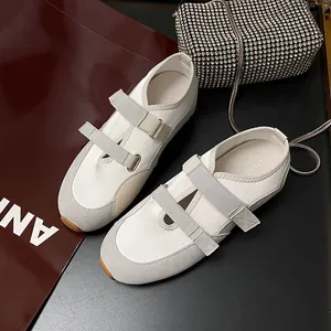 Sneaker Casual Mary Jane da Donna Retro Blocchi di Colore in Pelle di Mucca Microfibra Scarpe Basse Doppio Strappo Leggere Comode Suola in Gomma