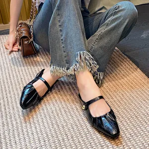 Women's black patent leather Mary Jane mules with square toe and pleated strap details