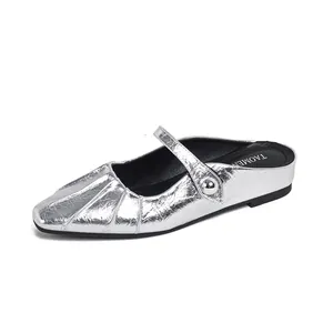 Silver metallic pleated Mary Jane mules with square toe and ball buckle detail