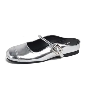 Silver Mary Jane mule shoes for women with buckle strap and 35mm inner heightening