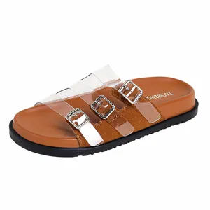 Sandali con zeppa da donna con cinturini trasparenti e fibbie con plantare marrone