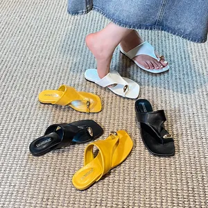 Chic square toe flat thong sandals for women with stylish gold metal ring decoration
