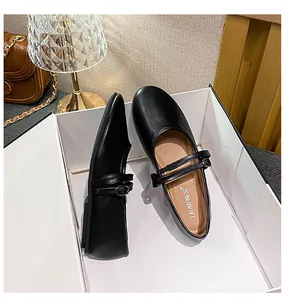 Detail shot of black round-toe Mary Jane flats with double adjustable metal buckles