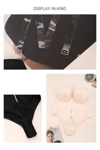 Detail of nude bodysuit with transparent adjustable straps and smooth seamless fabric