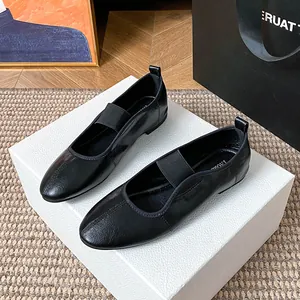 Classic black round toe Mary Jane flats with elastic strap and premium leather texture