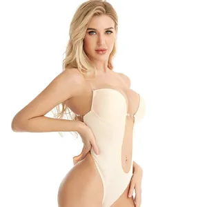 Deep V-neck nude bodysuit shaper with clear straps and high-cut back design
