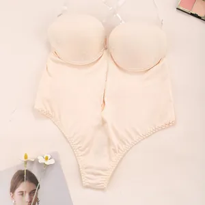 Flat lay of nude seamless bodysuit bra with transparent straps and floral accents