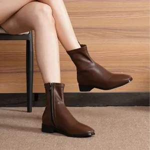 Deep brown women's elastic ankle boots with side zipper and square toe on low block heels