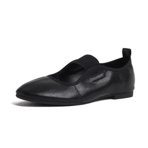 Classic black leather Mary Jane flats with elastic strap and matte texture for women