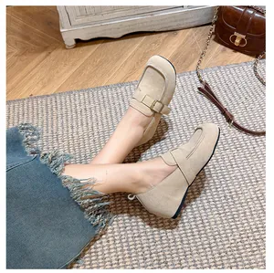 Detail of beige suede Mary Jane loafers with adjustable straps and 5cm height lift