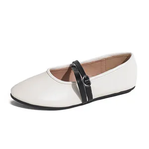 Elegant cream white Mary Jane flats with round toe and adjustable black buckle strap
