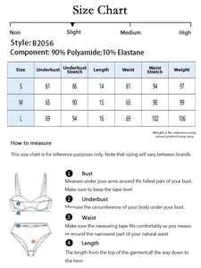 Detailed size chart for lace lingerie set including bust and waist measurements in cm