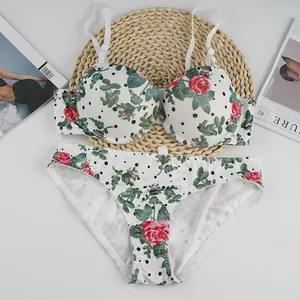 Women's Sexy Rose Floral Polka Dot Print Lingerie Set Nylon Underwired Push Up Bra And Panties Top And Bottom