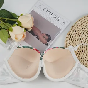 Detail of floral lace bra showing ergonomic padded inner cup and adjustable strap