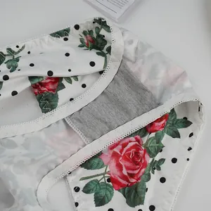 Detail of grey cotton lining and white lace edges on rose print underwear set