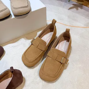 Classic suede wedge platform loafers with metallic buckle in tan, beige, and dark brown