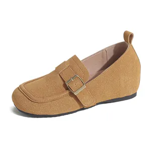 Mustard yellow suede Birkenstock style mules with 5cm hidden wedge and buckle strap