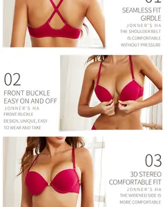 Detailed view of the front-buckle closure and X-shaped back straps on the seamless bra