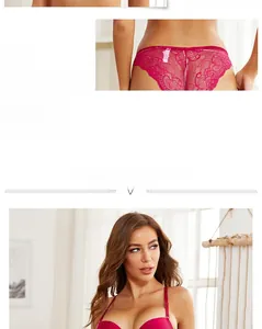 Detail of rose red lace lingerie set featuring imported mesh and traceless design