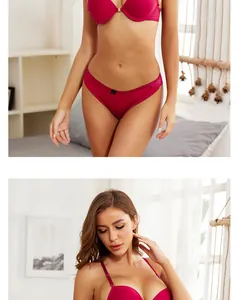 Detailed view of dark red front-closure bra and lace-edge panties set in a bright room