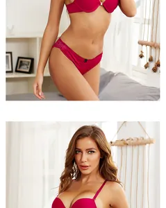 Detailed view of red lace lingerie set featuring a silk-touch bra and matching panties