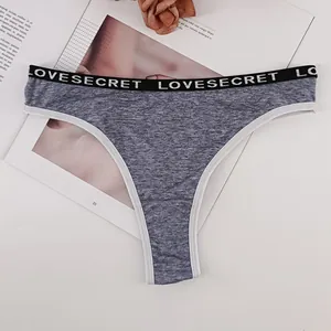 Detail of grey thong featuring black LOVESECRET elastic waistband and white stitching
