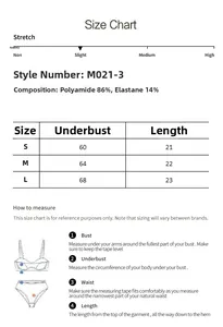 Detailed size guide and material composition table for sports bra model M021-3