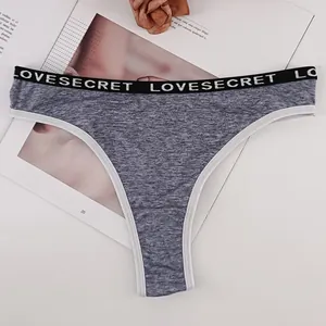 Women's grey cotton thong with a wide black logo waistband and white piping detail