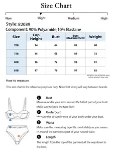 Detailed size chart for lace push-up bra including measurements for 70B to 85B
