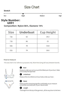 Detailed size chart for lace underwire bra with measurements for 70B to 85B cup sizes