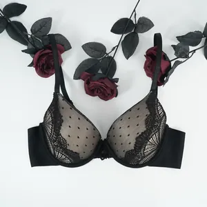 Women's French Style Lace Bra With Underwire Push Up Polka Dot Mesh Embroidered Sexy Adjusted Lingerie Black Bralette