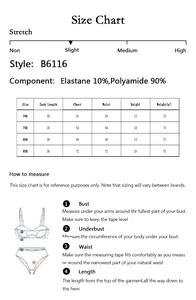 Size chart for lace lingerie set B6116 with measurements, materials and fit guide