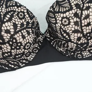 Close-up of black lace bra with floral patterns and breathable hollow mesh detail