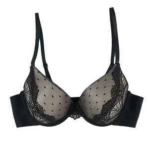 Sexy black lace push up bra with polka dot mesh and adjustable thin straps for women