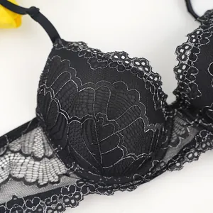 Detailed close-up of black lace bra with intricate silver embroidery and mesh fabric