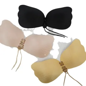Wing-shaped adhesive push-up bras with drawstring in black, beige, and yellow colors